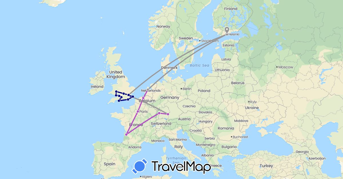 TravelMap itinerary: driving, plane, train in Belgium, Germany, Finland, France, United Kingdom, Netherlands (Europe)