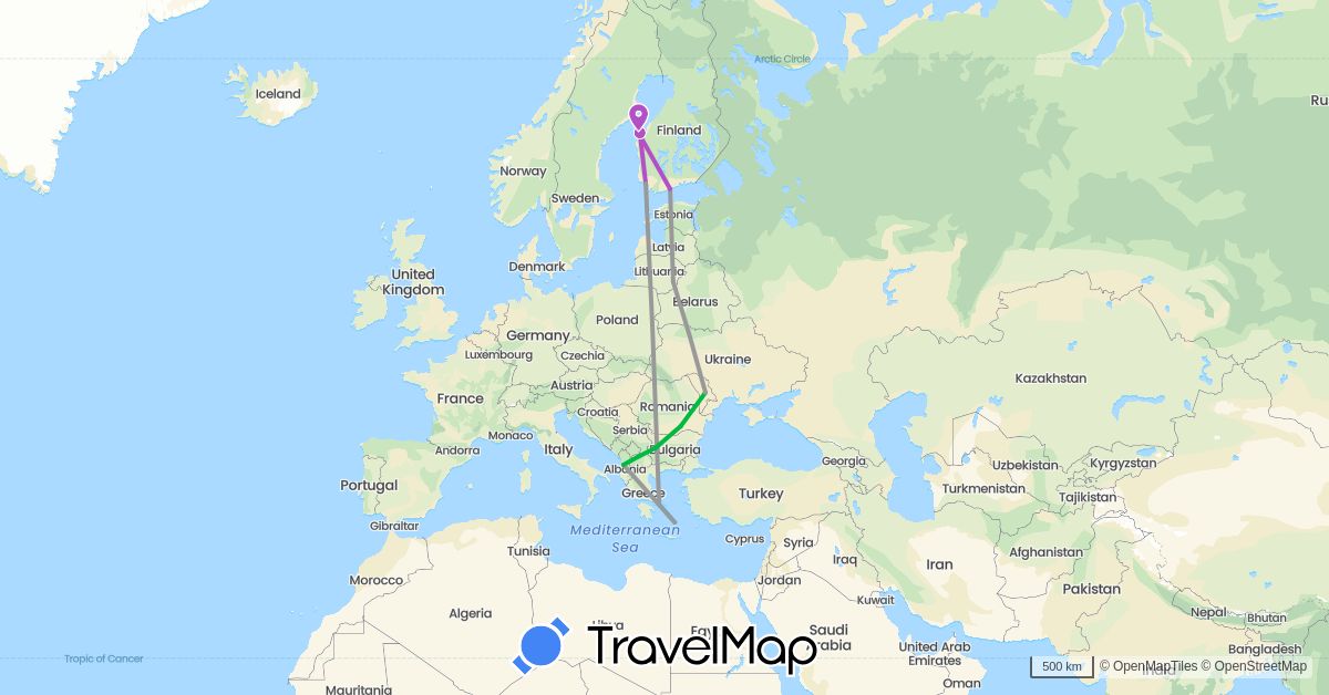 TravelMap itinerary: bus, plane, train, boat in Albania, Bulgaria, Finland, Greece, Lithuania, Moldova, Macedonia, Romania (Europe)